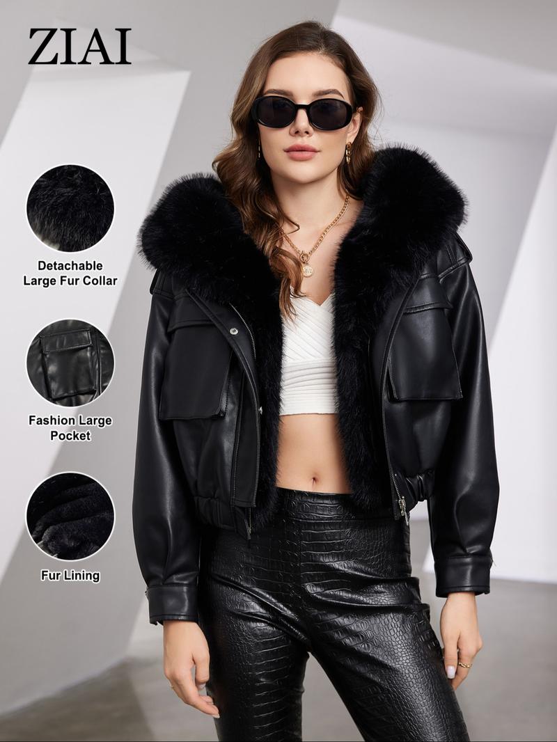 Women's Contrast Faux Fur Trim Hooded Jacket, Casual Long Sleeve Zipper Button Front Pocket Outerwear for Fall & Winter, Women's Clothing for Daily Wear