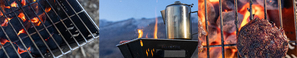 A grill with hot charcoals underneath the grate.