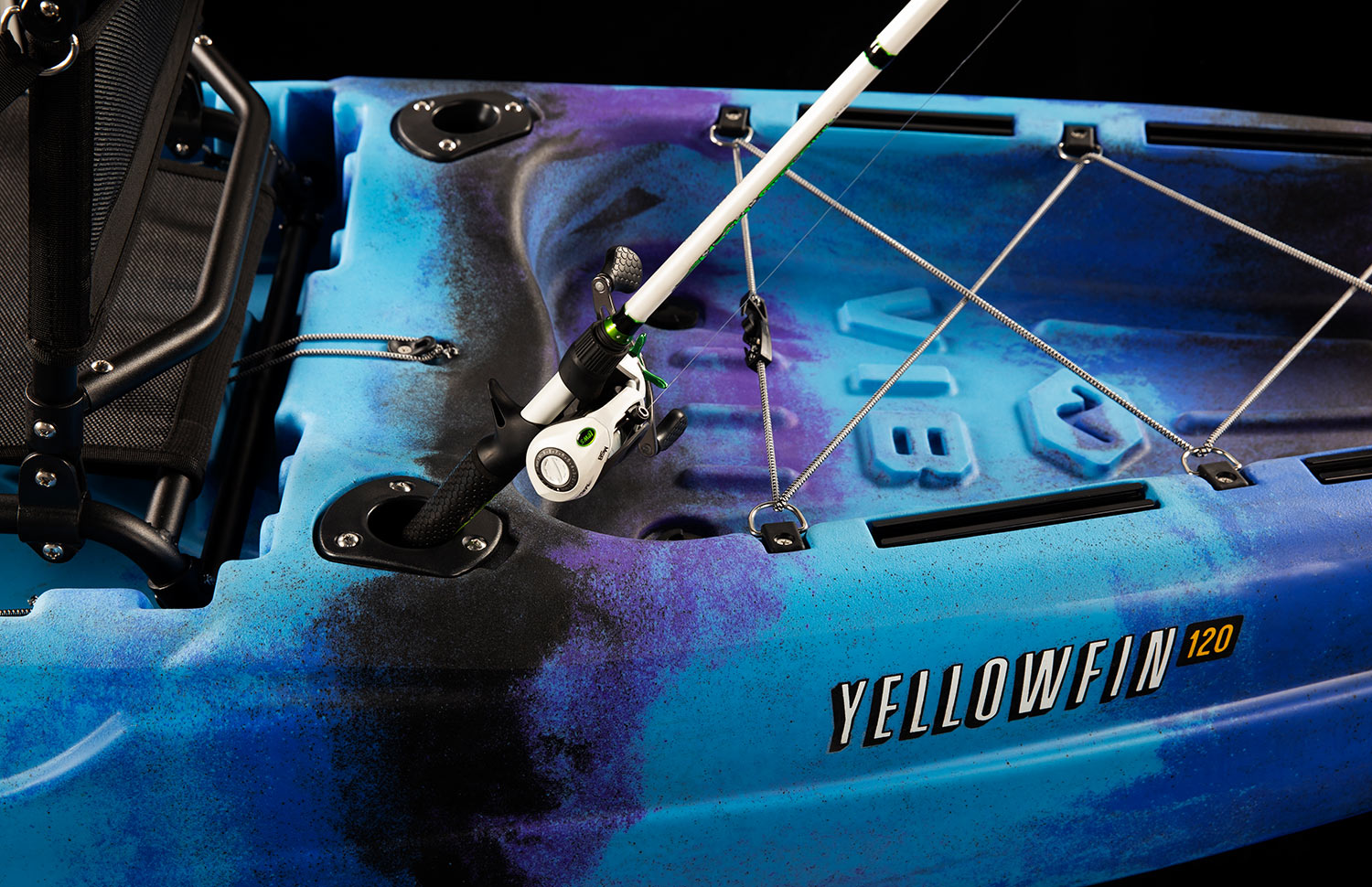 Yellowfin 120 kayak with 2 flush mount fishing rod holders Yellowfin 120 rear storage well with bungee tie down
