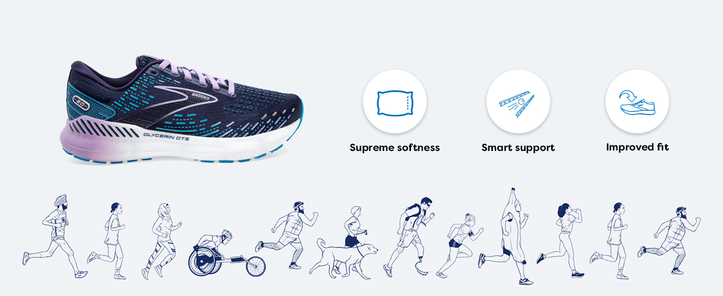 large image of shoe with cartoon characters below featuring different runners
