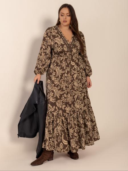 【Plus Size】 All Over Plant Print Ruffle Hem A Line Dress, Casual Bishop Sleeve V Neck Long Sleeve Dress for Fall & Winter, Women's Clothes for Daily Wear