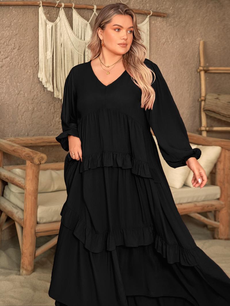 Plus Size Plain Lantern Sleeve Tiered Ruffle Trim Smock Dress, Elegant V Neck Long Sleeve Dress for Vacation Party Wedding Guest, Women's Clothes for All Seasons