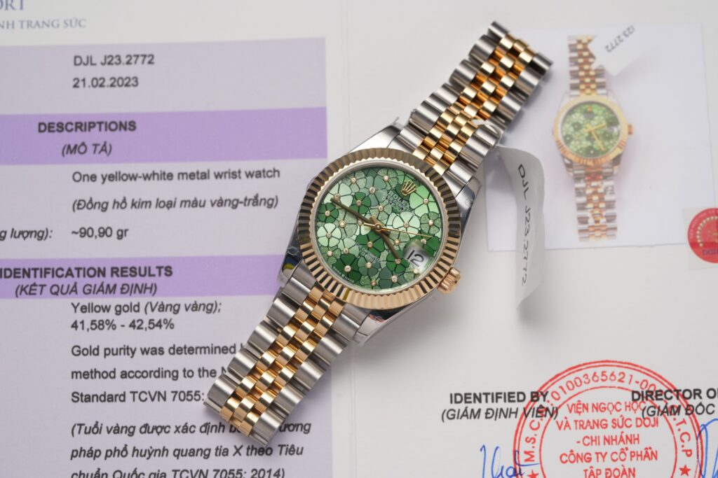 Đồng Hồ Nữ Rolex Bọc Vàng Datejust Mặt Số Xanh Olive Hoa Lá GM 31mm (4)