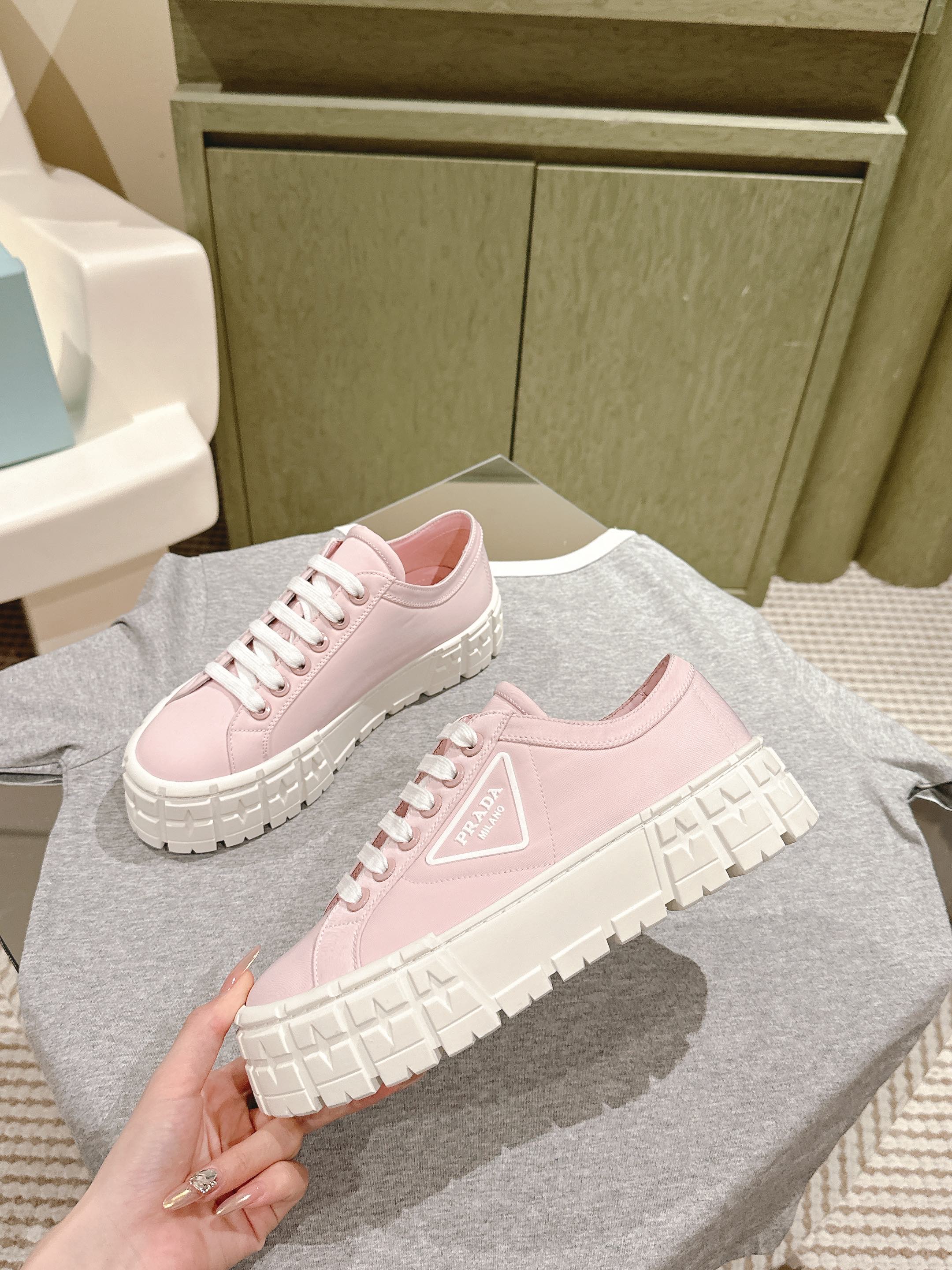 PRA DOUBLE WHEEL RE-NYLON GABARDINE SNEAKERS PASTEL PINK CALFSKIN、mysite、Cacoeks