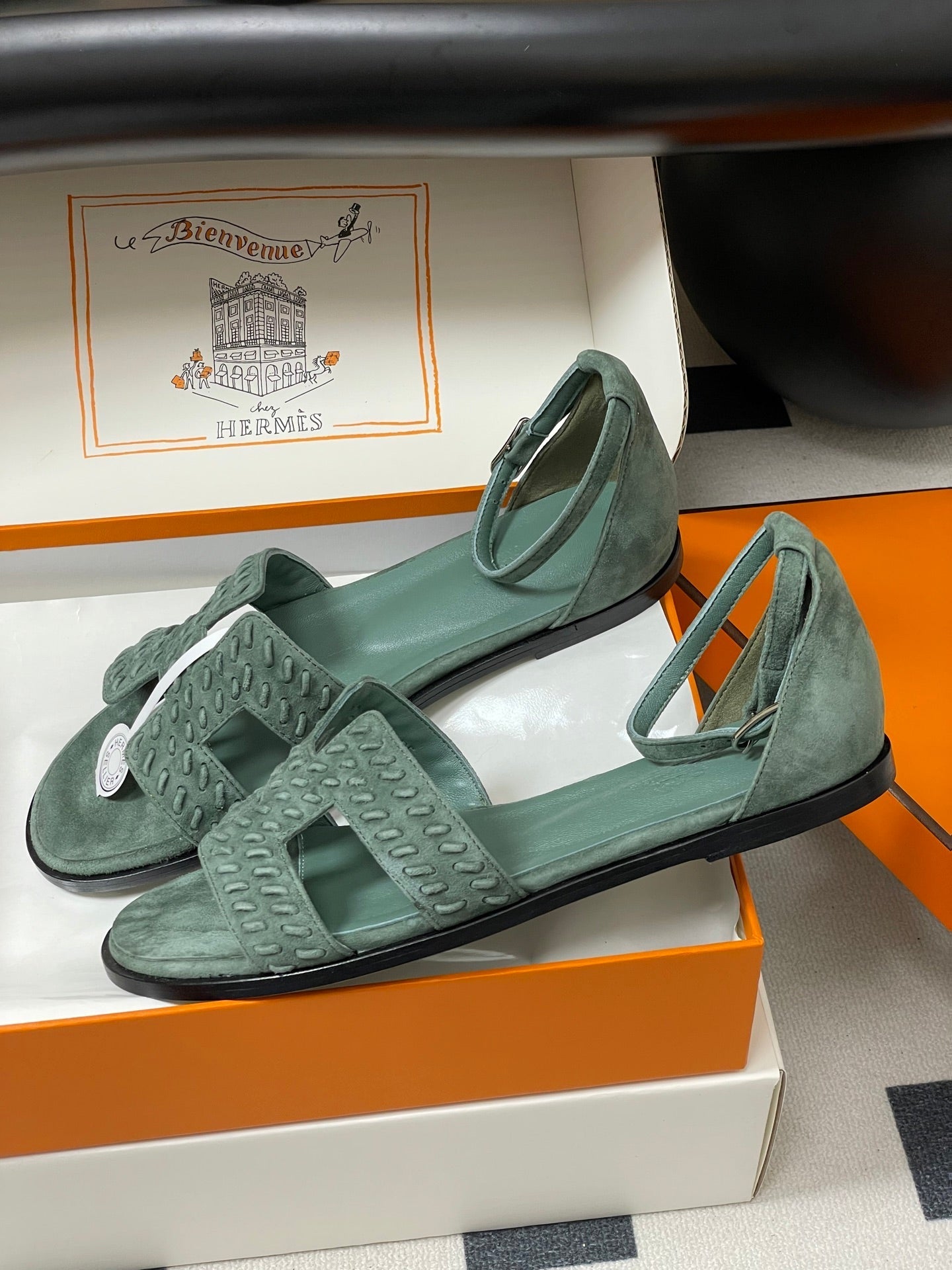 HM 25S SANTORINI SANDAL IN MUTED MINT GREEN SUEDE AND LAMBSKIN、mysite、Cacoeks