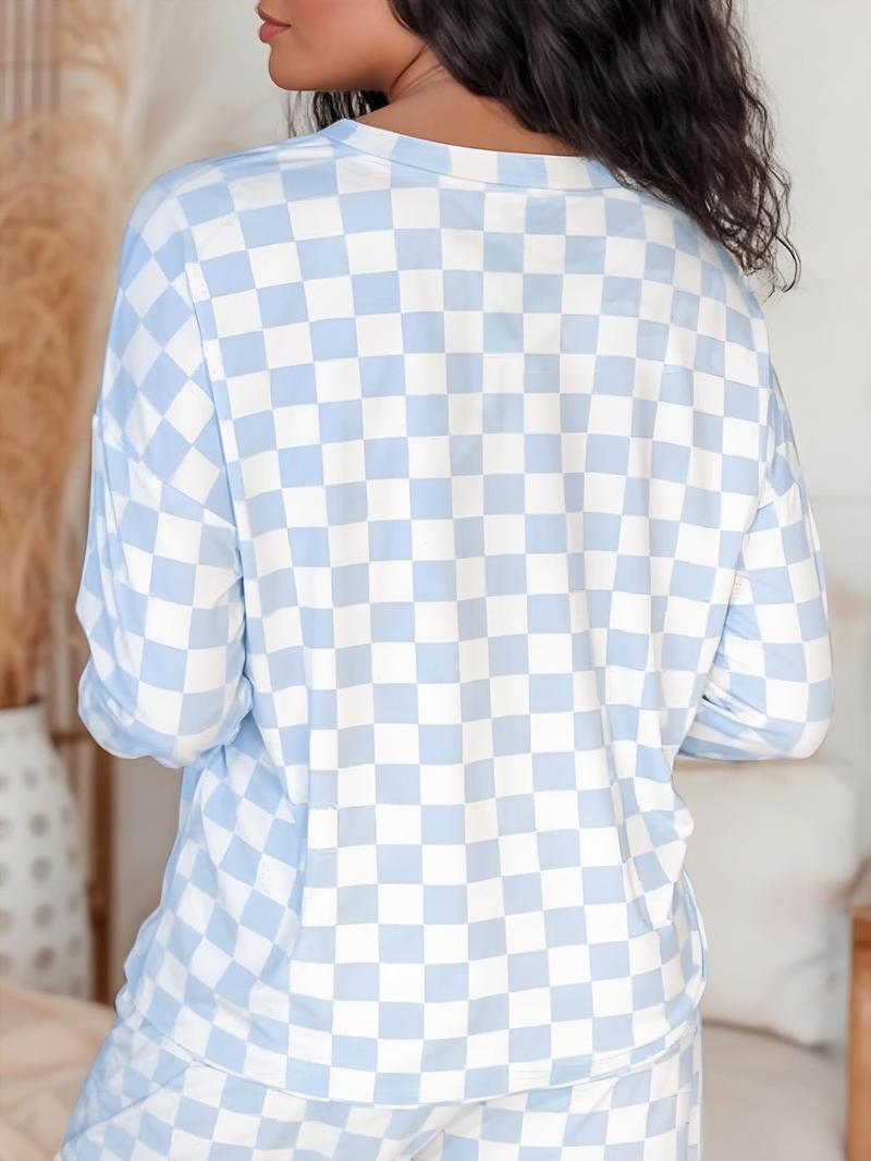 Two-Piece Set Women's Checkerboard Print Long Sleeve Tee & Drawstring Waist Pants Pajama, Casual Comfy Round Neck Top & Pocket Trousers PJ Set, Ladies Sleepwear for All Seasons