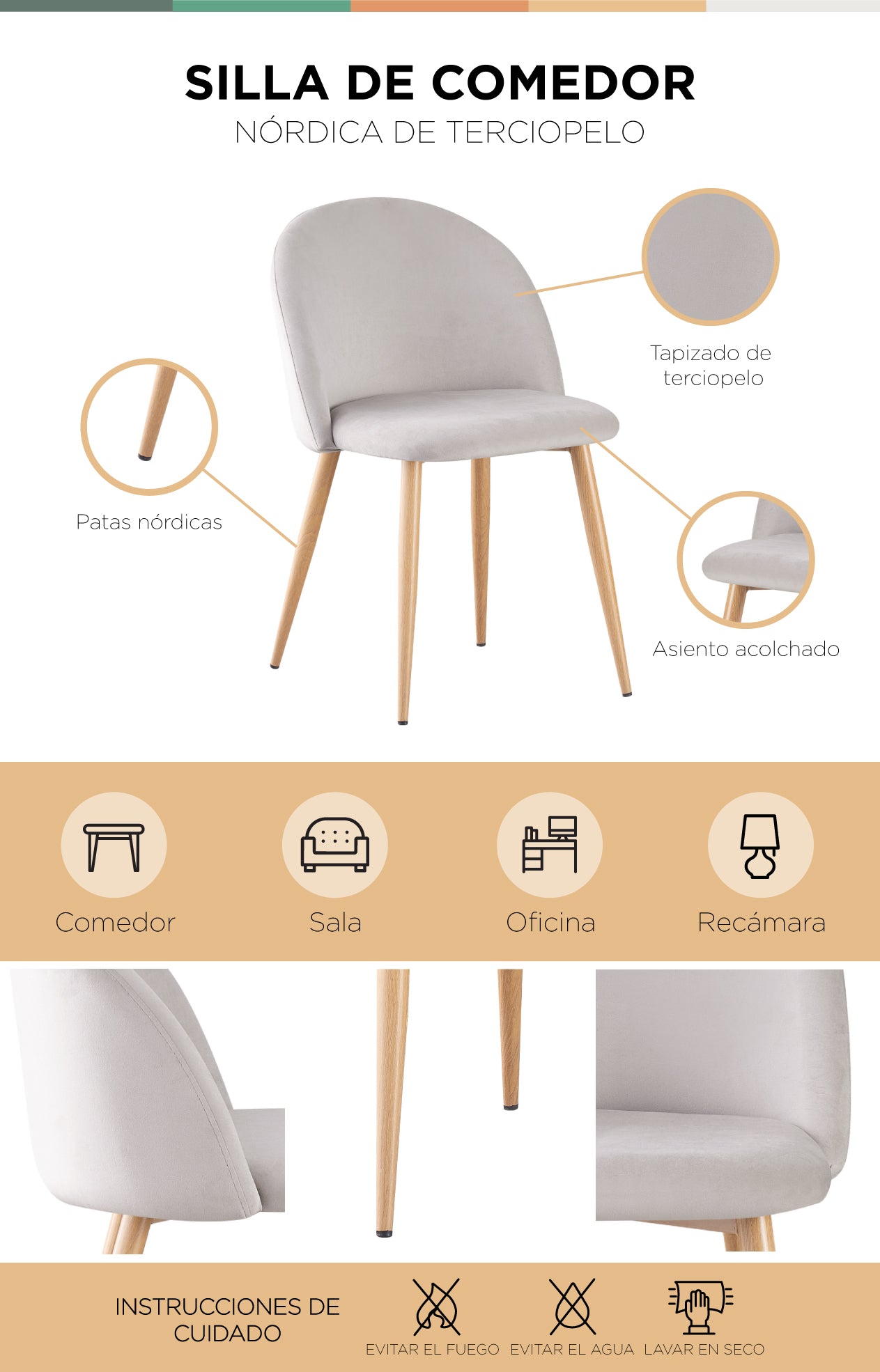 Silla de Sala Comedor Moderna Terciopelo Gris
