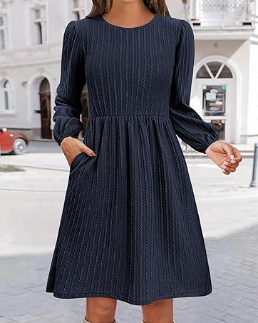 Womens Casual Sweater Dresses with Pockets Long Sleeve Knit Fall Dress Loose Empire Waist Dress