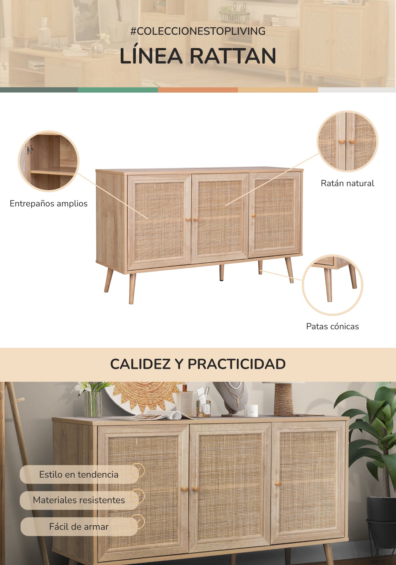 Credenza Bufetera con 3 Puertas de Ratán