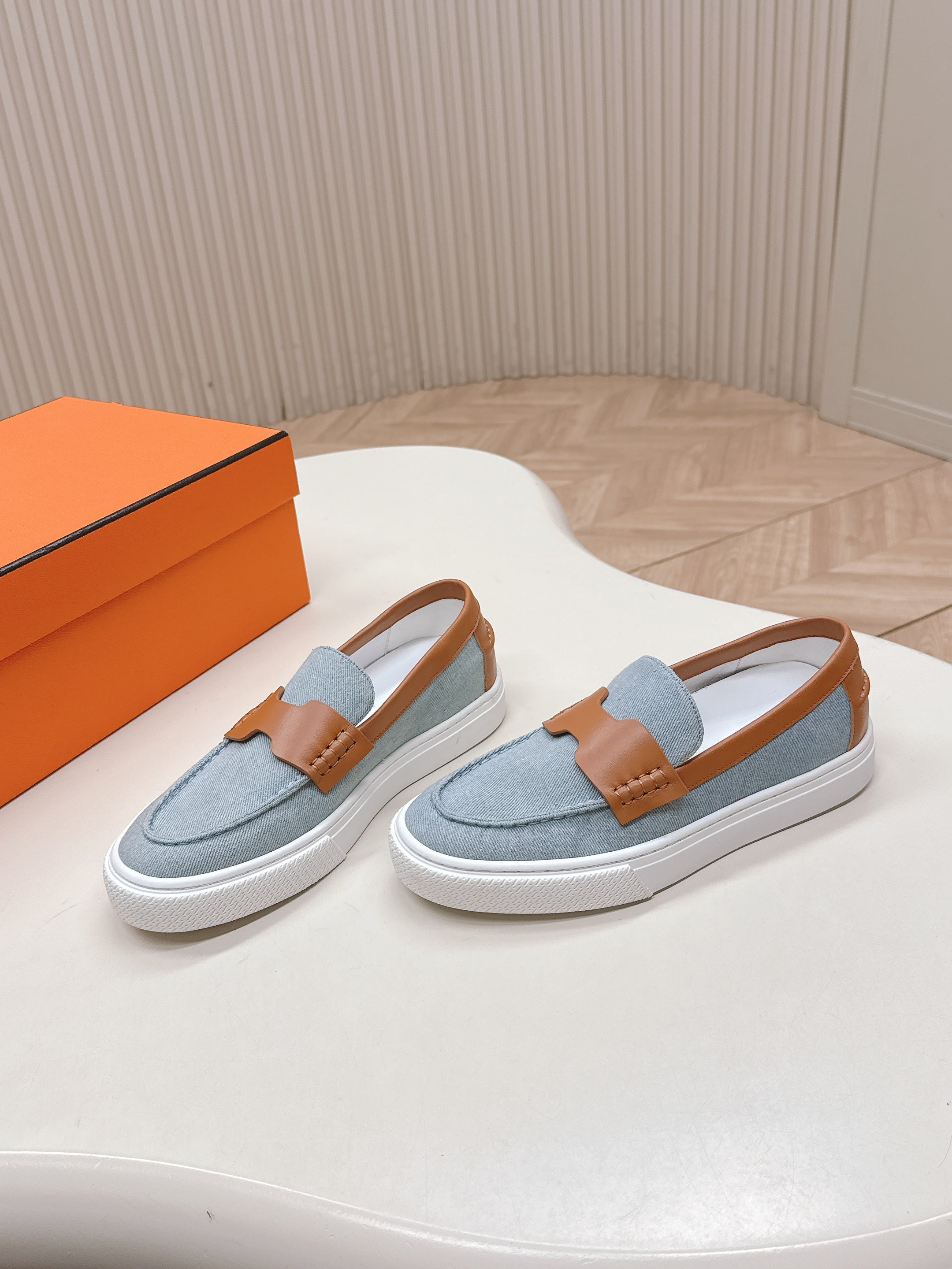 HM 25S SLIP-ON IN BLUE DENIM AND BROWN LAMBSKIN、mysite、Cacoeks