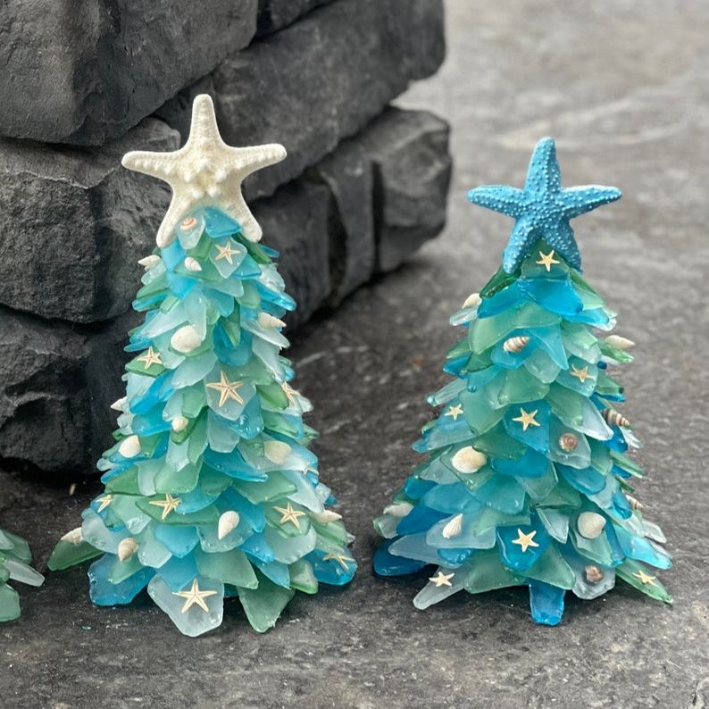 SEAGLASS TREE with lights, aqua Blue Turquoise lighted  Sea Glass Tree, Beach Glass Tree Coastal home decor beach decor Sea Glass Starfish
