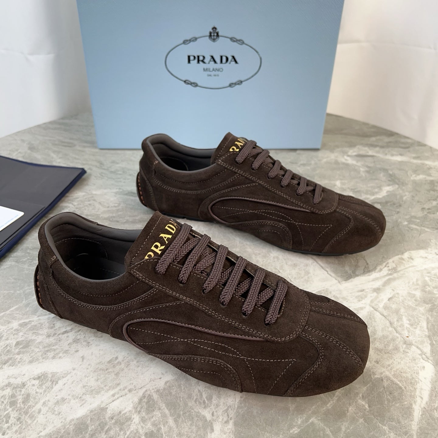 PRADA 25S MONTECARLO ANTIQUED SNEAKERS IN DARK BROWN SUEDE、mysite、Cacoeks