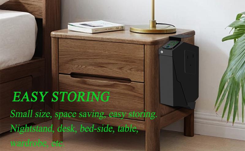 Product Introduction of Biometric Mounted Gun Safe for Nightstand, Desk, Bed Side, Wall,Truck - Auto Open Hidden Handgun Safe-with Fingerprint, 4-button Backlit Keypad, KEY lockbox bedside safe hidden safe 1