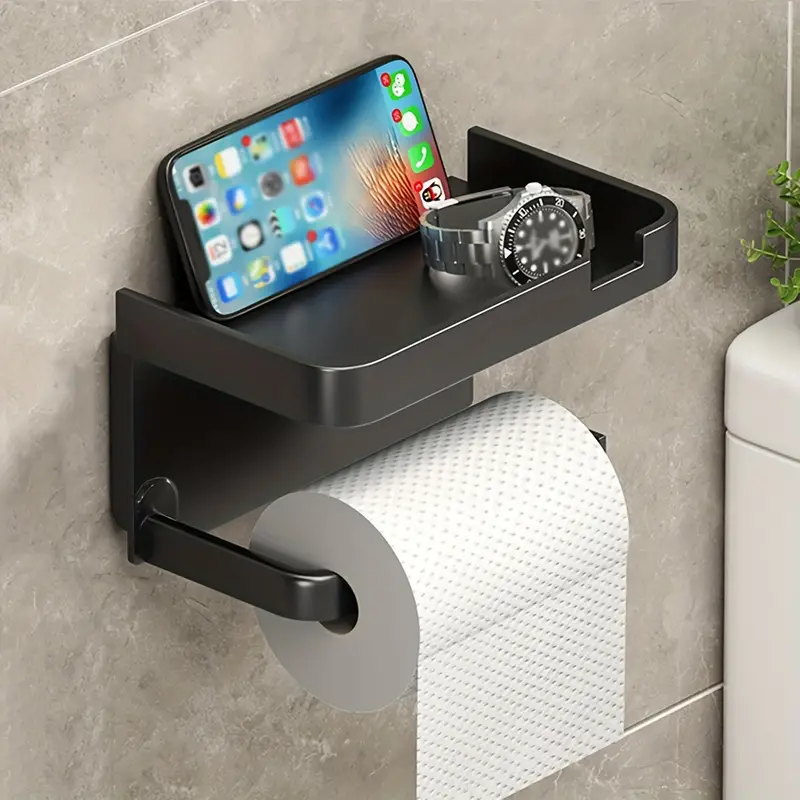 1pc toilet paper storage rack bathroom wall mounted stainless steel holder non punching adhesive tissue box shelf dual purpose storage rack mobile phone holder toiletry organizer bracket bathroom and toilet supplies details 1