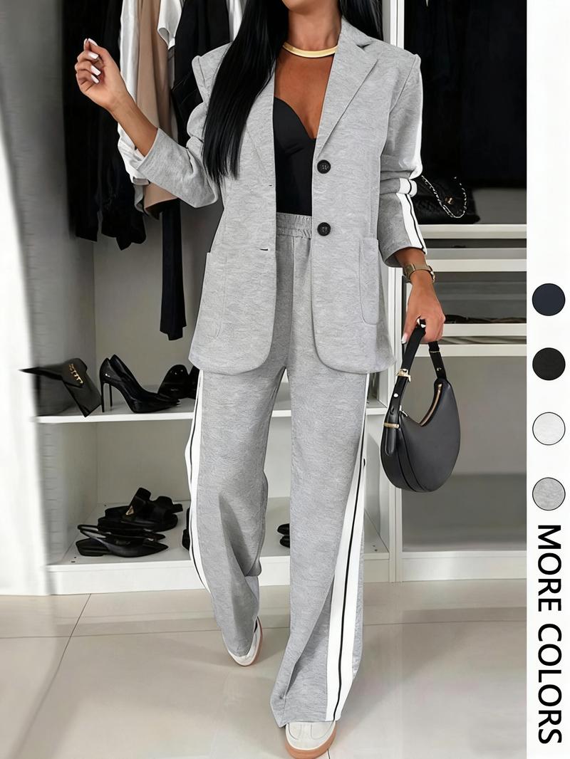 Women's Striped Print Blazer Jacket & Wide Leg Pants Set, Casual Fitted Suit for All Seasons, Stylish Ladies' Clothing Ensemble