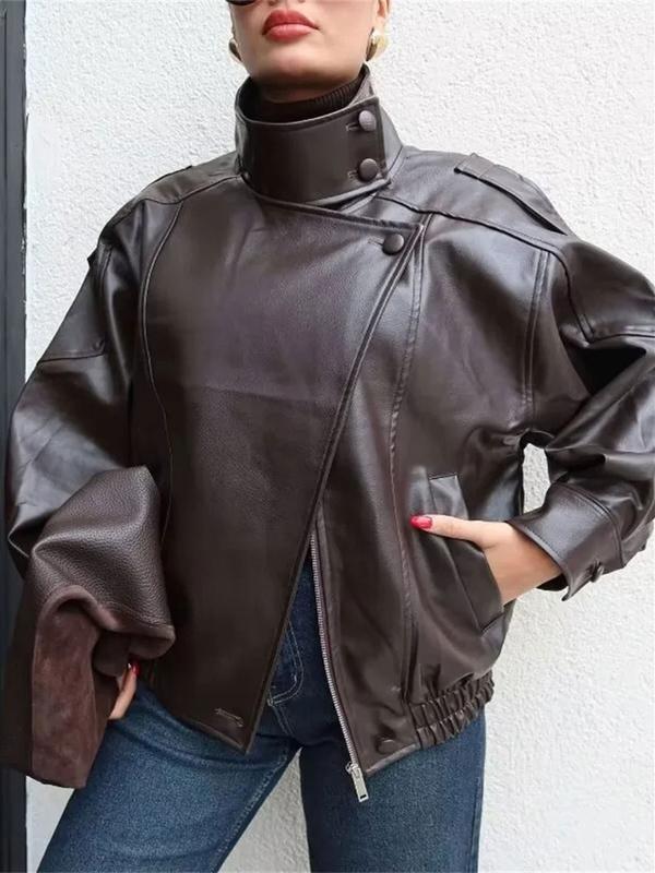 BB-2026 Hot Selling-Faux Leather Stand Collar Oversized Moto Jacket, Elastic Hem Streetwear, Casual Long Sleeve Water- and Wind-Resistant Outerwear for Spring & Fall, Ladies Clothes for Daily Wear, Chic Outerwear