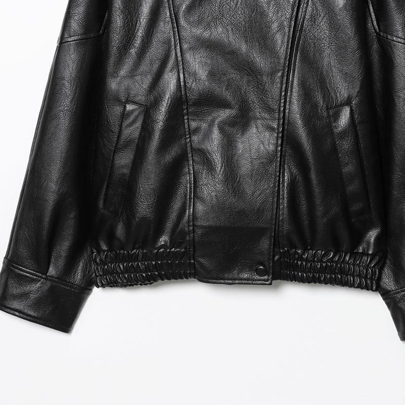 Black Faux Leather Jacket Stand Collar Oversized Moto Biker Jacket Elastic Hem Streetwear Casual Long Sleeve Waterproof Windproof Outerwear for Spring & Fall Ladies Clothes for Daily Wear - Coats active woman overcoat  line  dress slim-fitting style knit