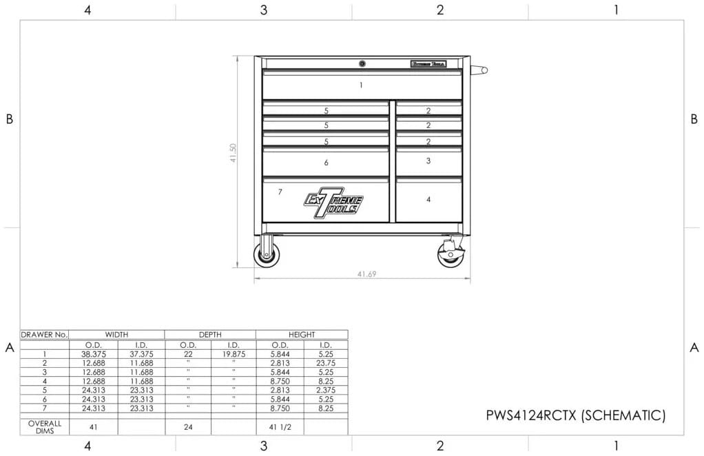 Schematic Drawing Of An Extreme Tools PWS4124RCTX Roller Cabinet Detailing Its Dimensions Drawer Sizes And Overall Measurements