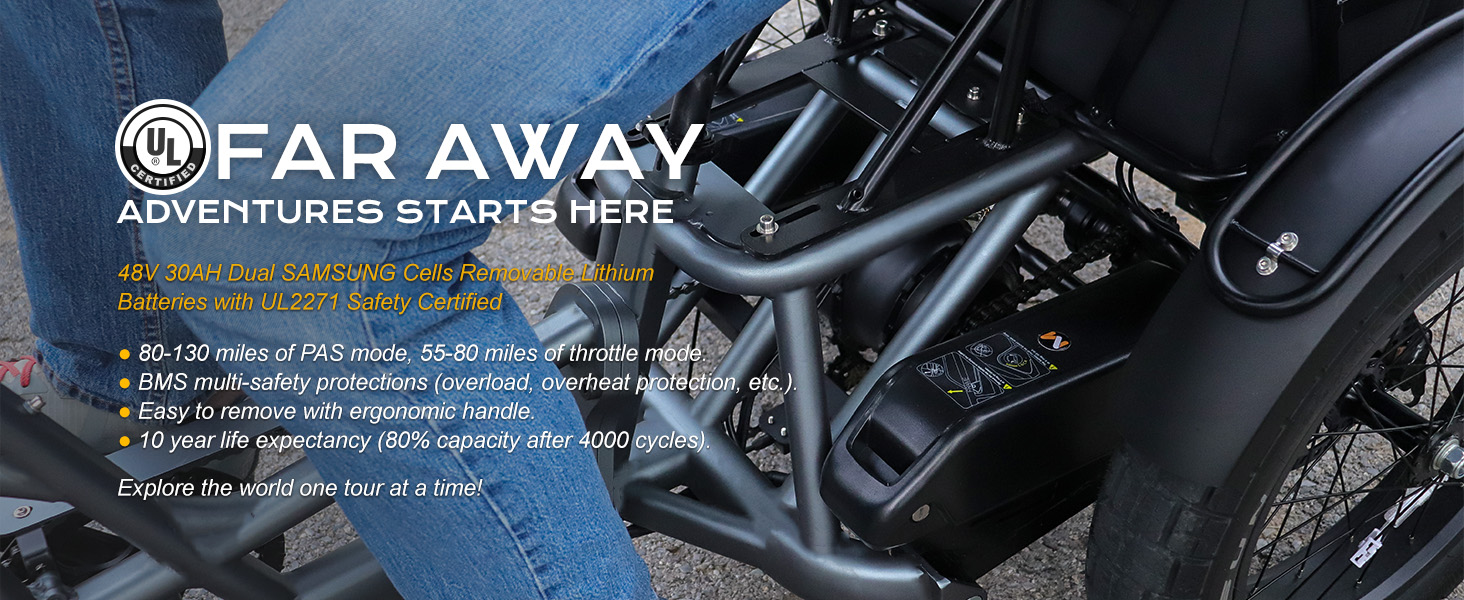 Meetone Tour electric tricycle for adults 48v 30ah SAMSUNG cells battery, 130 miles max range