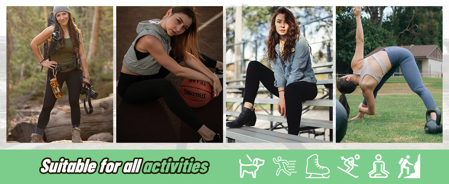 Four-panel image of people engaged in various activities: archery, basketball, skateboarding, and yoga. Icons below suggest suitability for multiple activities.