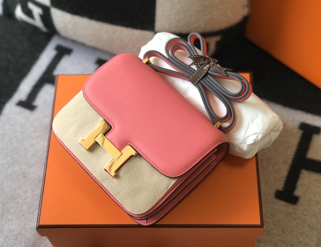 Replica Hermes Constance Bag Epsom Leather Rose Lipstick Wiht Gold 19cm and 23cm