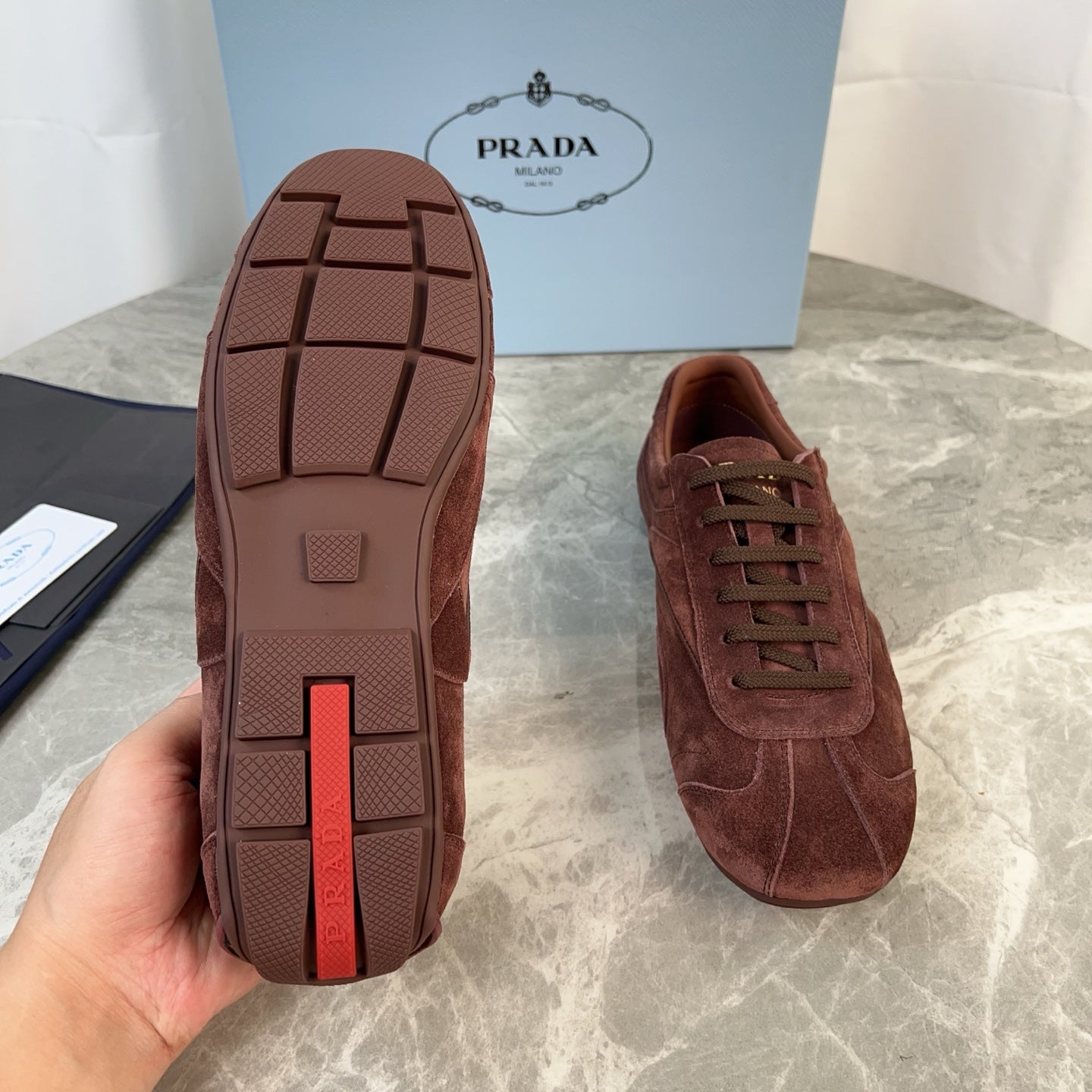 PRADA 25S MONTECARLO ANTIQUED SNEAKERS IN MAHOGANY BROWN SUEDE、mysite、Cacoeks