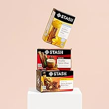 Three stacked boxes of stash tea on a pedestal