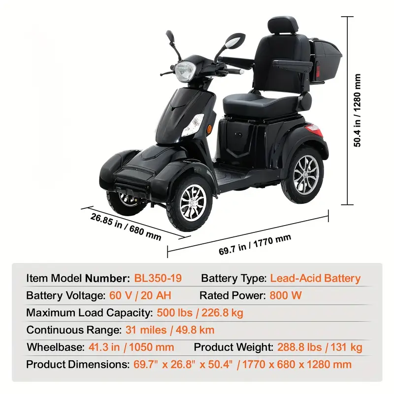 四轮重型休闲助行车 500磅 31 miles 短座椅 美插 110v 详情 2
