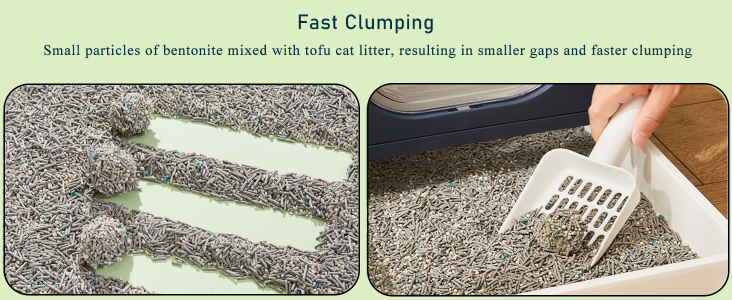 Cat litter comparison showing 'Fast Clumping' feature. Two panels demonstrate smaller clumps in litter and scooping with slotted scoop.