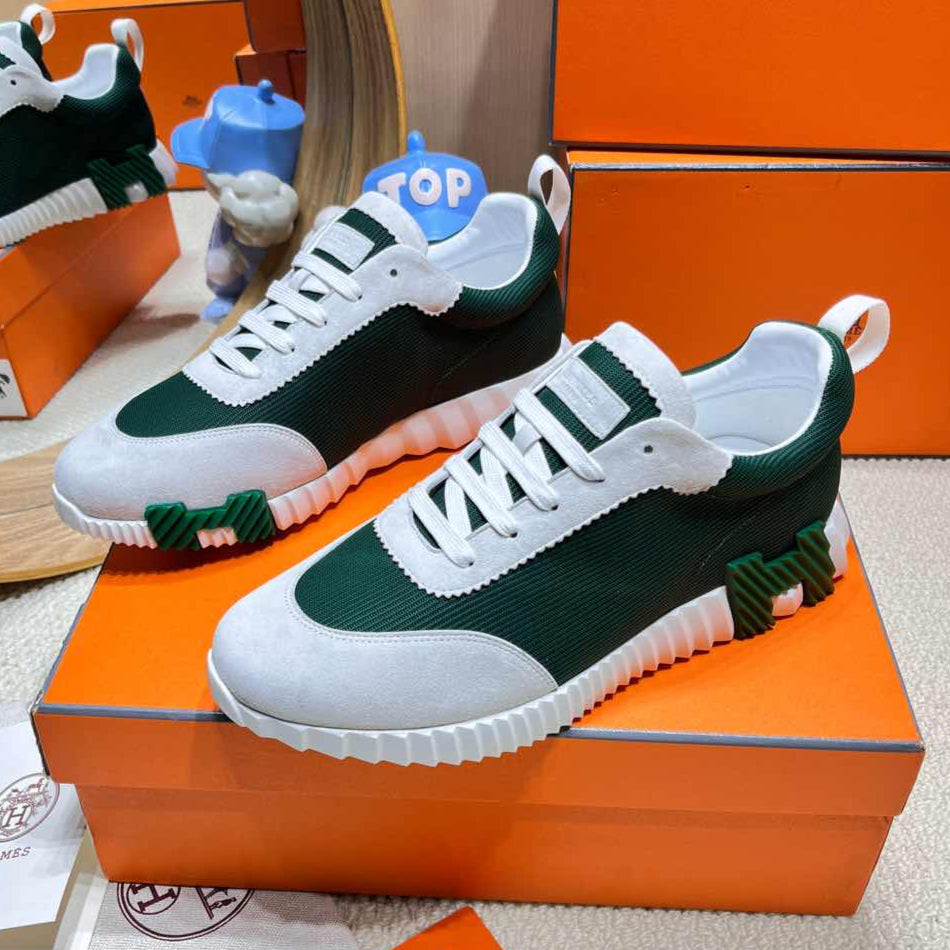 BOUNCING SNEAKER IN PALE GRAY SUEDE AND GREEN FOREST KNIT、mysite、Cacoeks