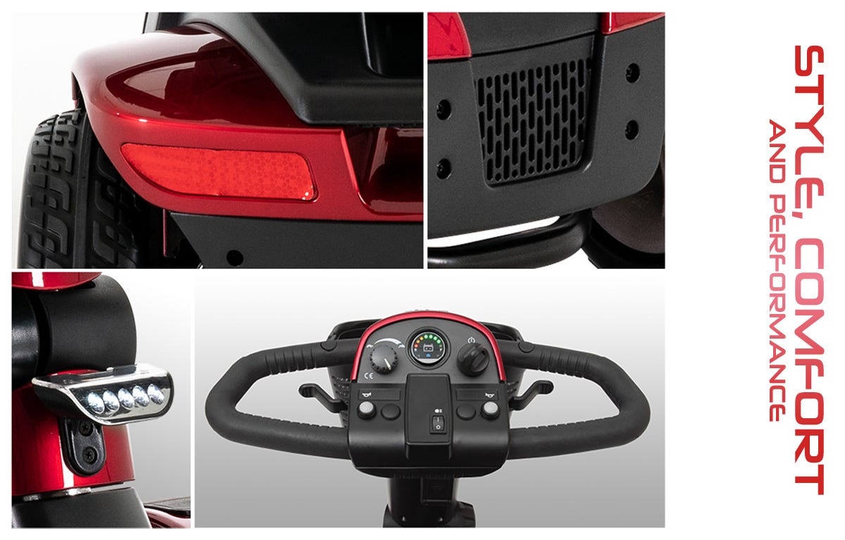 Close-up images of a red scooter showcasing its rear light, control panel, and design features. Text highlights style, comfort, and performance.