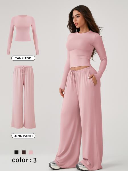 Two Piece Set Women's Home Clothing Set Soft and Skin Friendly Long Sleeved T-shirt Loose and Wide Leg Pants with Adjustable Drawstring Daily Leisure Travel Airport Travel Home Wear Women's Pajamas Set, Womenswear