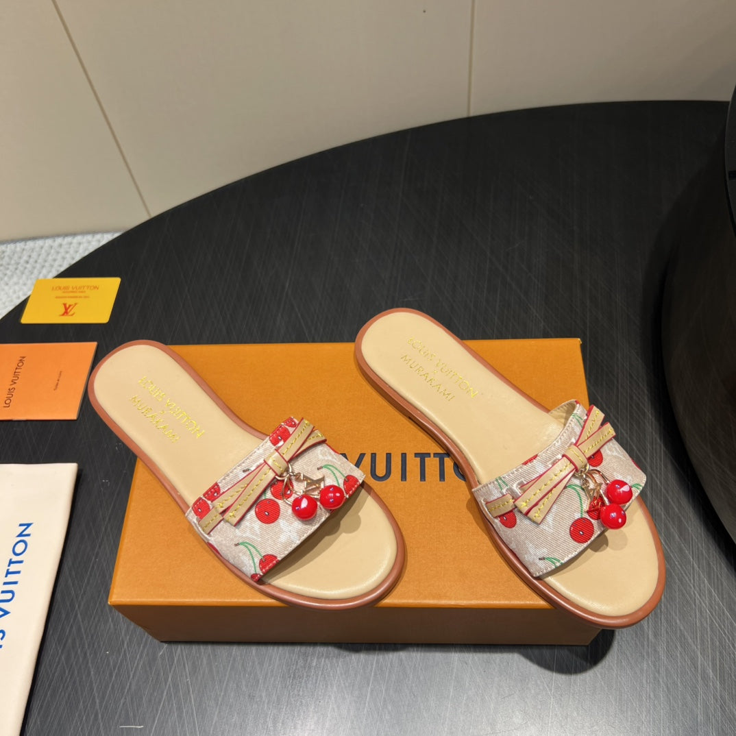 LV SLIDE SANDALS 25S IN BEIGE DENIM AND CALFSKIN WITH CHERRY BLOSSOM BUCKLE、mysite、Cacoeks