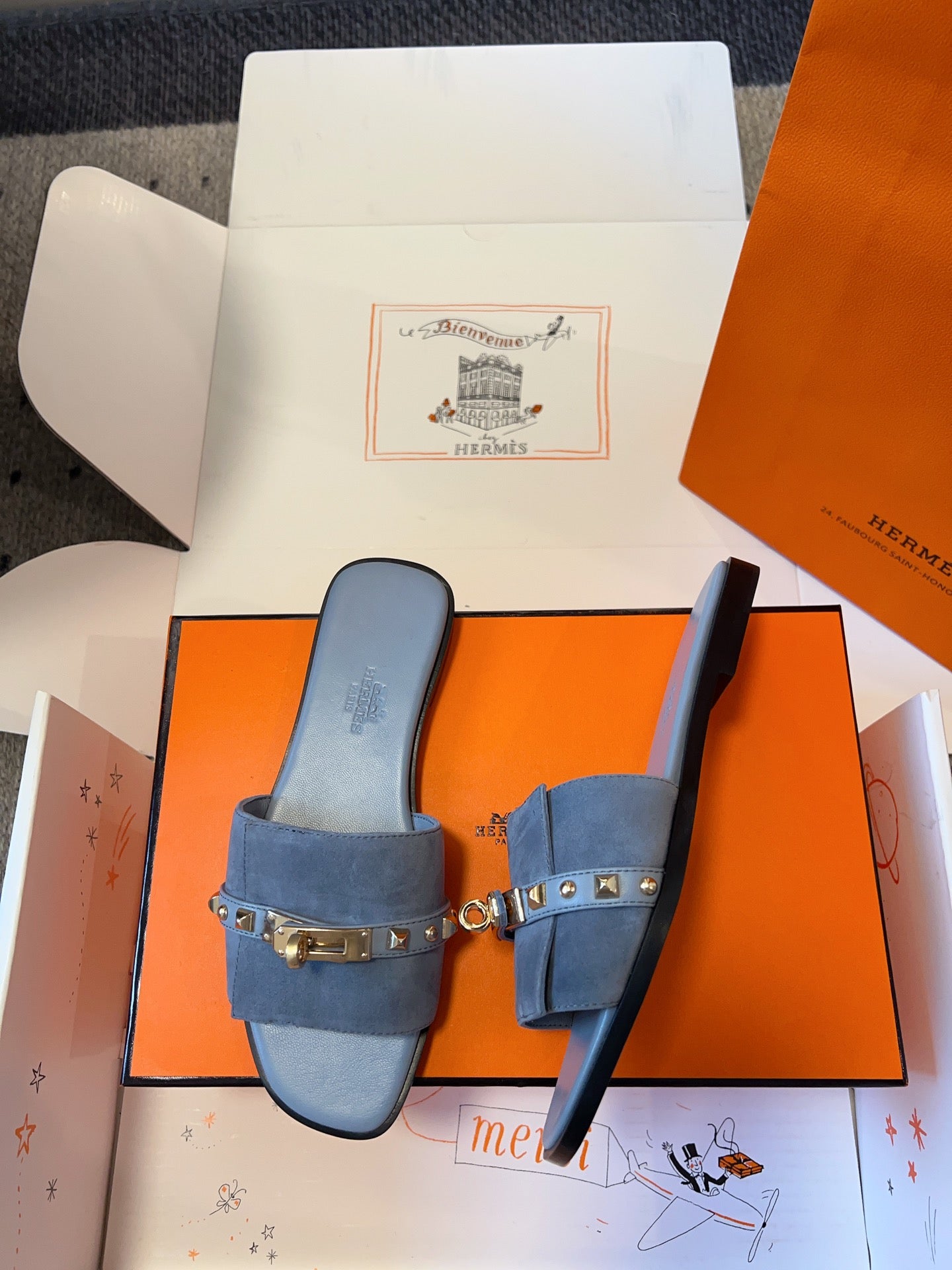 GIULIA FLAT SANDAL IN CERULEAN BLUE SUEDE、mysite、Cacoeks