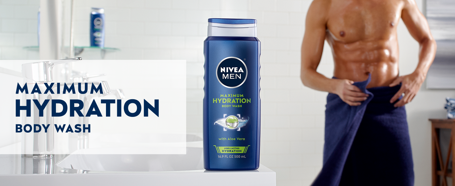 NIVEA MEN Maximum Hydration Body Wash on bathroom sink, man in towel in background