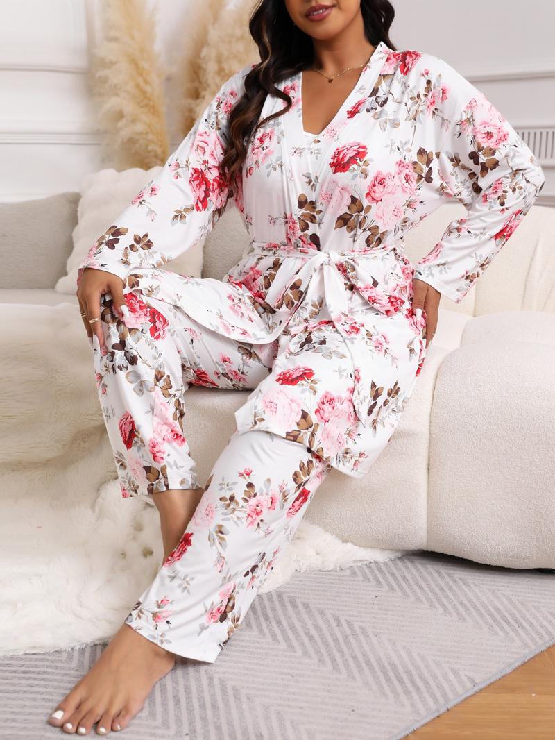 [Plus Size] Three-Piece Set Floral Print Belted Lounge Robe & Cami Top & Elastic Waist Pants Pyjama Set, Elegant Comfy Drop Shoulder Long Sleeve Robe & Sleeveless Top & Bow Decor Trousers PJ Set, Women's Sleepwear for Spring & Fall