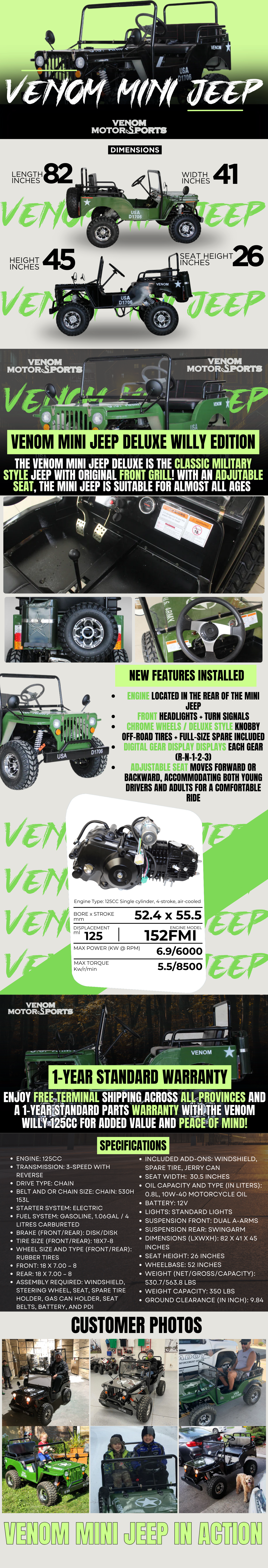 Venom Willys Mini Jeep Deluxe 125cc Information & Specifications Go kart Jeep