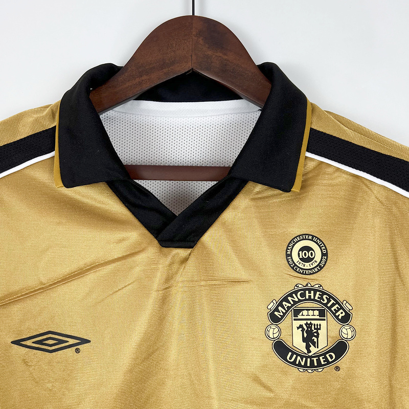 ManixJersey.com | Retro Manchester United 01-02 100th Anniversary Special Edition Jersey - Gold -Customize Name, Number and Patch | Worldwide Shipping