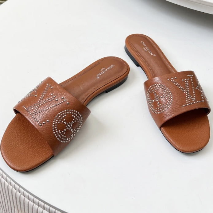 FLAT SLIDE IN BRONZE BROWN LAMBSKIN WITH RHINSTONES、mysite、Cacoeks