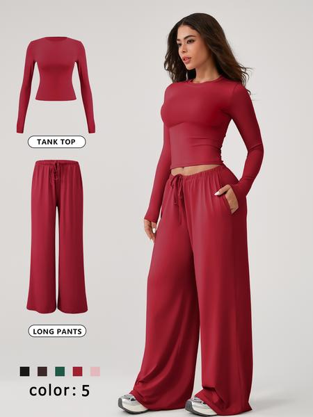 Two Piece Set Women's Home Clothing Set Soft and Skin Friendly Long Sleeved T-shirt Loose and Wide Leg Pants with Adjustable Drawstring Daily Leisure Travel Airport Travel Home Wear Women's Pajamas Set, Womenswear