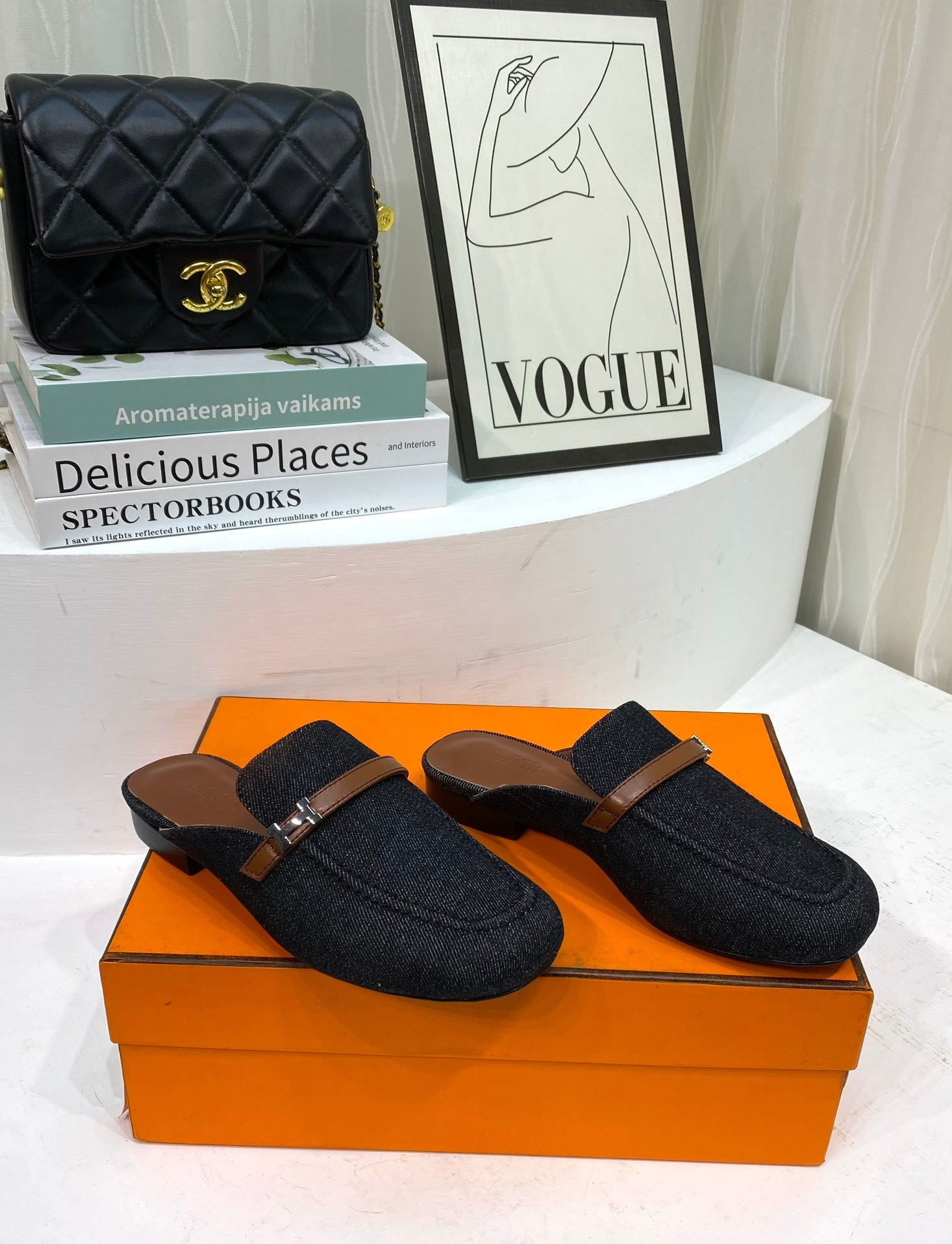 IENA MULE BLACK CANVAS AND BROWN CALFSKIN、mysite、Cacoeks