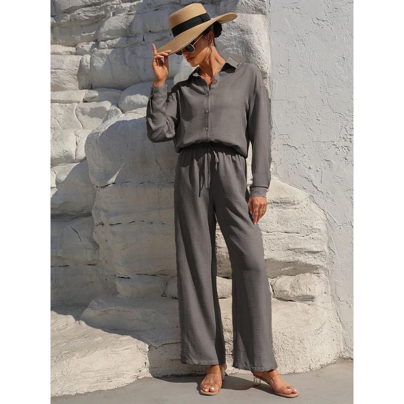 Women's Solid Button Front Shirt & Tie Front Wide Leg Pants Two-piece Set, Casual Drop Shoulder Long Sleeve Blouse Top & Trousers 2 Piece Set for Spring & Fall, Women's Clothes for Daily Wear Womenswear Suits Apricot Basic Minimalist