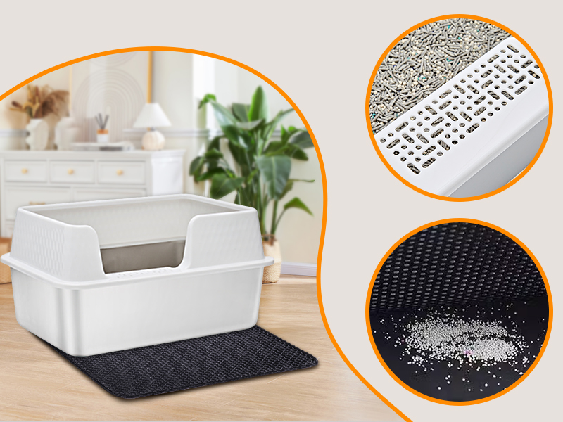 White rectangular litter box with high sides and entrance. Closeups show textured top surface and black mat catching scattered litter.
