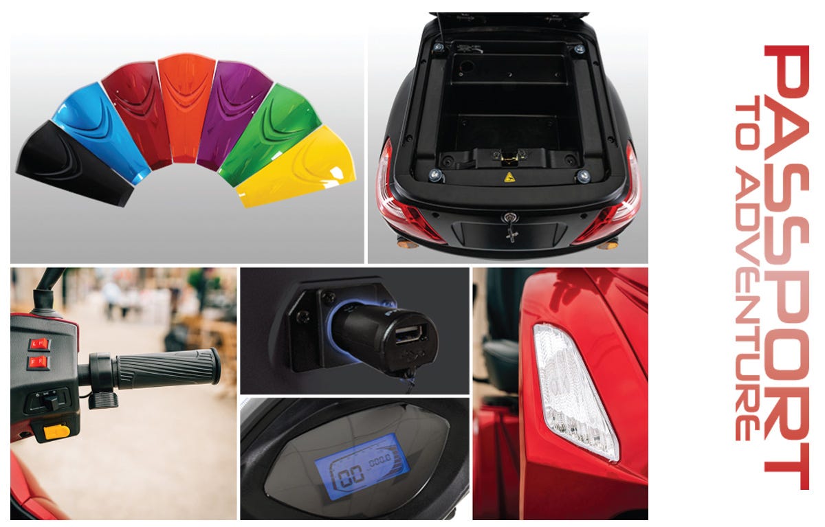 Image features colorful vehicle panels, a storage compartment, control handle, USB port, and a digital display, with "PASSPORT TO ADVENTURE" text.