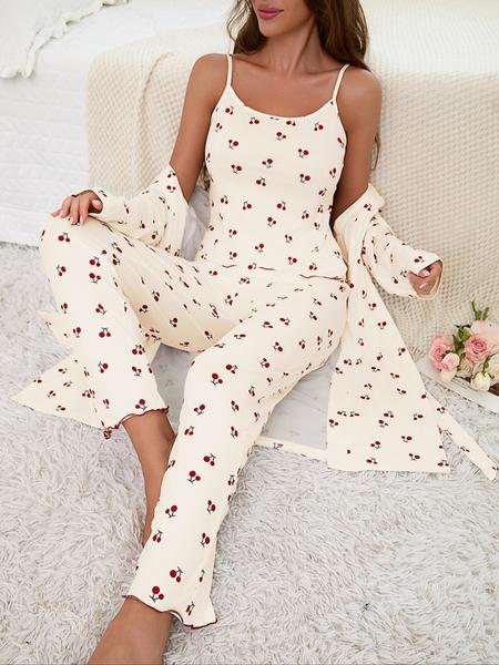 Cherry Print Women's Nightgown Set + Strap Pants, Comfortable Casual Home Wear, All-Season Fitted Sleepwear, Moderate Fabric Cherry Print Women's Nightgown Set + Strap Pants, Comfortable Casual Home Wear, All-Season Fitted Sleepwear, Moderate Fabric