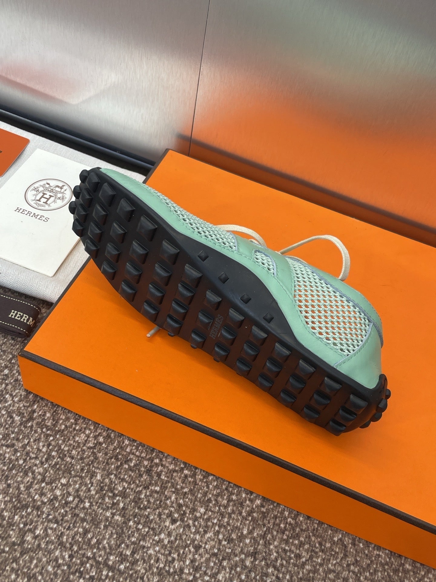 KIGA SNEAKER IN GREEN MINT CROCHET KNIT AND CALFSKIN、mysite、Cacoeks