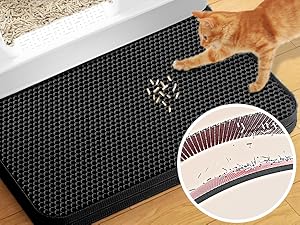 Black textured cat litter mat with honeycomb pattern design, shown with orange cat and cross-section diagram of mat structure.