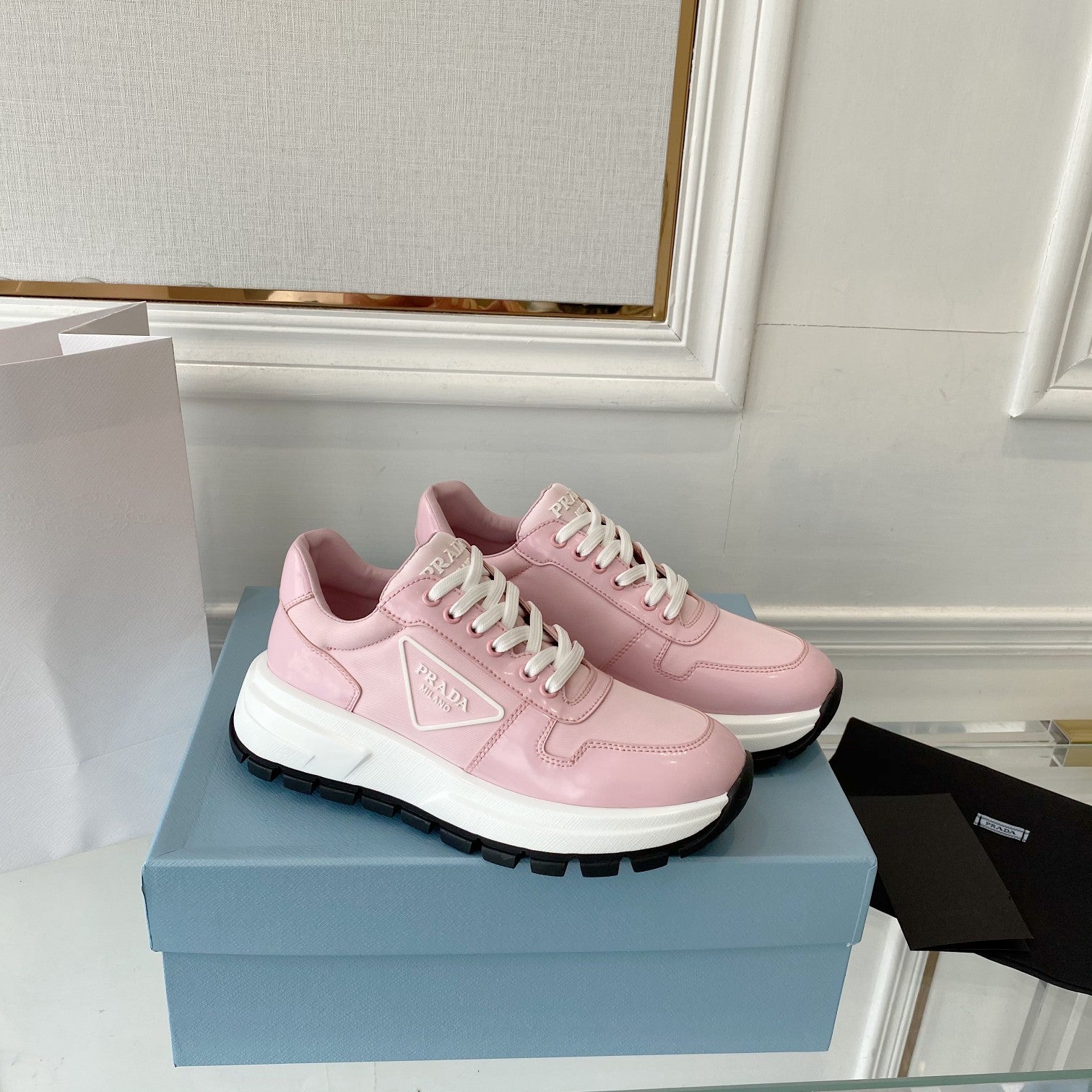 PRADA 25S THICK SOLE SNEAKER IN LIGHT PINK CALFSKIN AND CANVAS、mysite、Cacoeks