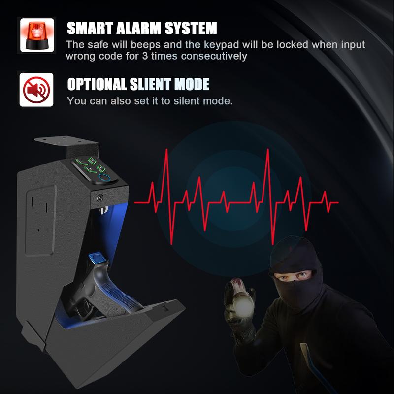 Product Introduction of Biometric Mounted Gun Safe for Nightstand, Desk, Bed Side, Wall,Truck - Auto Open Hidden Handgun Safe-with Fingerprint, 4-button Backlit Keypad, KEY lockbox bedside safe hidden safe 3