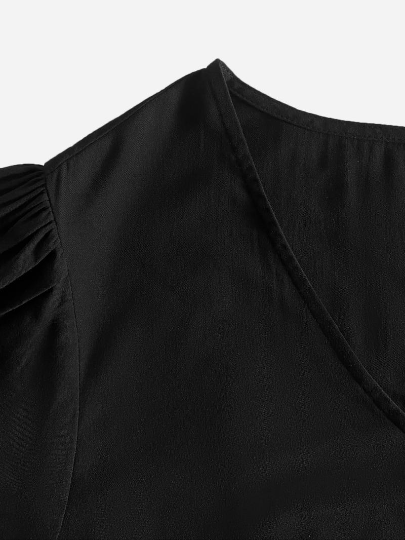 Plus Size Plain Lantern Sleeve Tiered Ruffle Trim Smock Dress, Elegant V Neck Long Sleeve Dress for Vacation Party Wedding Guest, Women's Clothes for All Seasons